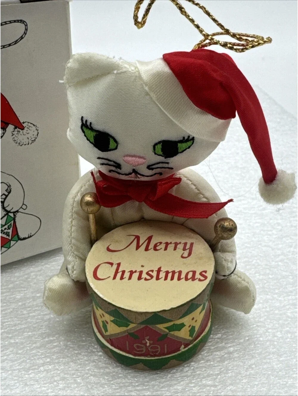 Vintage 1991 Fancy Feast Plush Cat Playing Drums 3” Christmas Ornament Russ Box